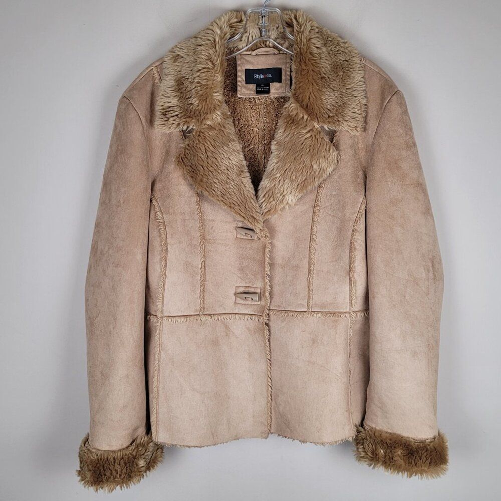 Style & Co Retro Faux Suede Fur Jacket Boho Camel Brown Size XL